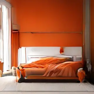 A bedroom wall painted in #FF6B35 (burnt orange) with white 