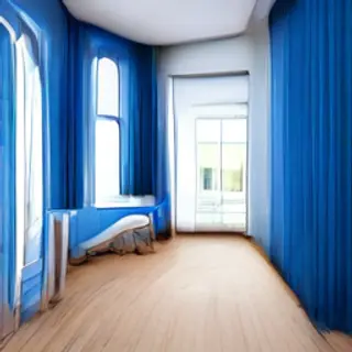 A room with walls in #4A90D9 (medium blue) with warm wooden 