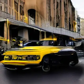 A yellow taxi and a black limousine parked next to each othe