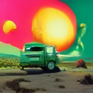A pink fire truck, a blue banana, and a green sun in a surre