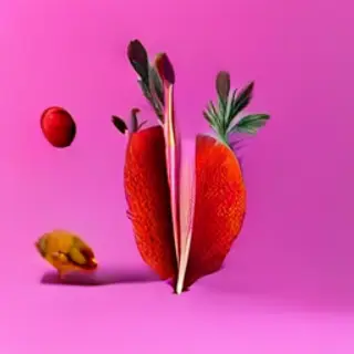 A purple carrot, a red tree with red leaves, and a white wat