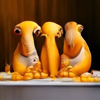 An orange elephant, a yellow penguin, and a silver strawberr