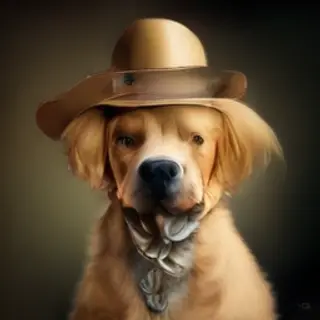 A golden retriever wearing a tiny cowboy hat
