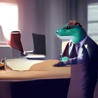 A dinosaur in a business suit giving a PowerPoint presentati