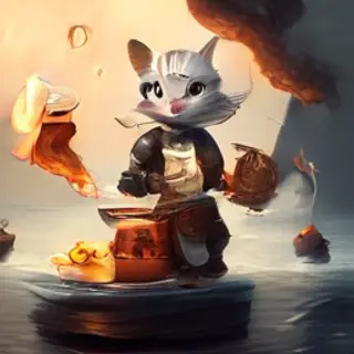 A robot dressed as a pirate sailing a paper boat on a lake o