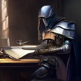 A medieval knight in full armor sitting at a desk typing on 