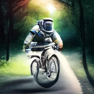 An astronaut in a spacesuit riding a bicycle through a park