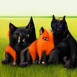 2 orange cats and 3 black dogs sitting together on a grassy 
