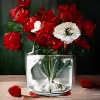 4 red roses and 2 white daisies in a glass vase on a table