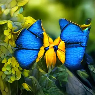 1 blue butterfly and 3 yellow butterflies resting on a garde