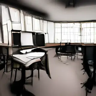 A classroom with desks and a chalkboard but no students