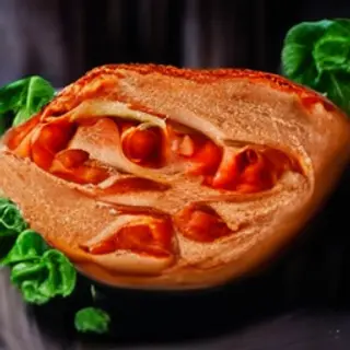 A pepperoni pizza with tomato sauce, basil, and crust but ab