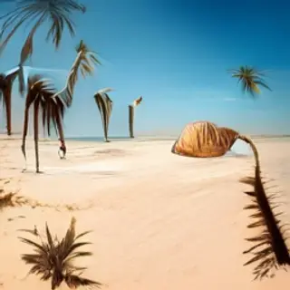 A sandy beach with palm trees, seashells, and a beach umbrel