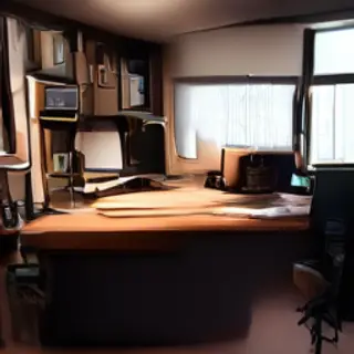 An office workspace with a desk, chair, bookshelf, and lamp 