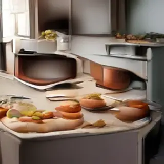 A kitchen with pots, pans, a stove, and a cutting board but 
