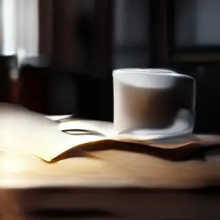 A coffee mug next to an open book on a desk
