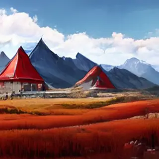 A landscape with a red barn in the foreground at large scale