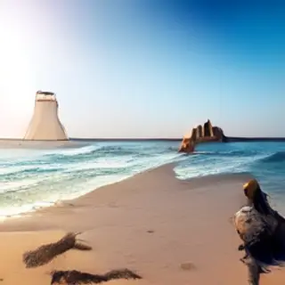 A beach scene with a sandcastle in the foreground, a surfer 