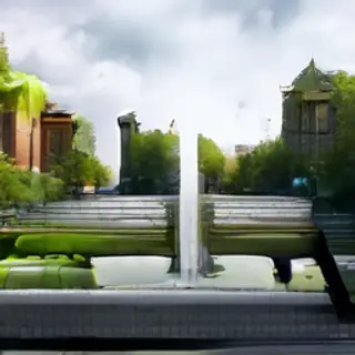 A city park with a park bench and pigeons in the foreground,