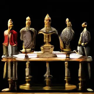 Five chess pieces on a board: a king in the center, a queen 