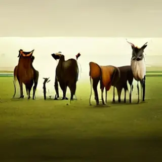 Five animals in a field: a horse on the far left, a cow to t