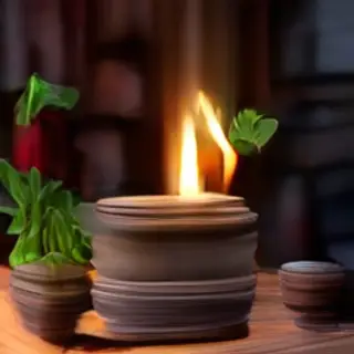 A candle on top of a stack of books, the books next to a pot
