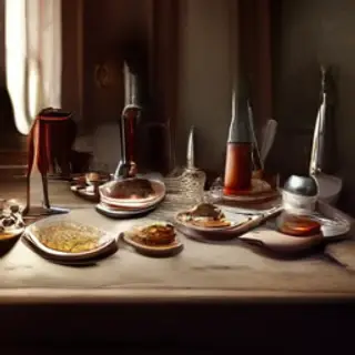 A dinner table scene with a plate, fork, knife, wine glass, 