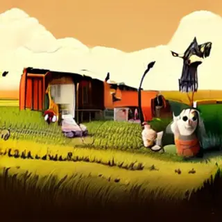 A farm scene with a barn, tractor, farmer, cow, chicken, and