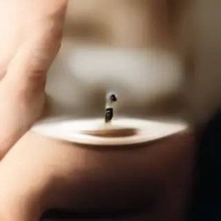 A tiny person standing on the rim of a coffee cup, looking d