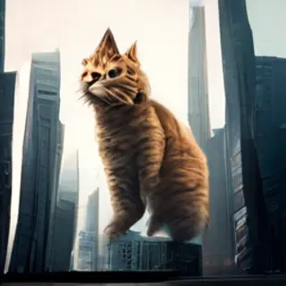 A giant tabby cat walking between city skyscrapers like a ka
