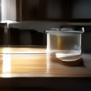 A kitchen counter with a stainless steel pot, a wooden cutti