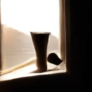 A coffee mug on a sunny windowsill casting a sharp shadow to