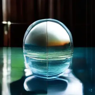 A clear glass sphere sitting on a mirror surface near a pool