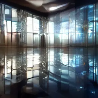 A chrome sculpture in a room with a glass floor and large wi
