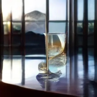 A crystal wine glass on a polished marble counter next to a 