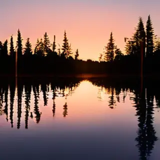 A row of trees reflected in a calm lake at sunset, with the 