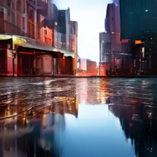 A city skyline reflected in a rain puddle on a street, with 