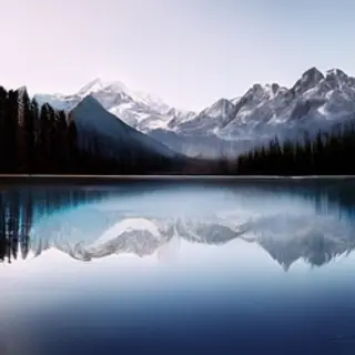 A mountain range reflected in a still alpine lake, with the 