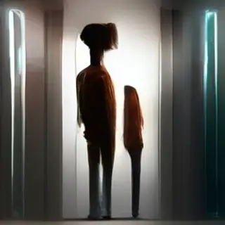 A woman standing in front of a full-length mirror, her refle