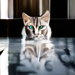 A cat sitting on a polished marble floor with its reflection