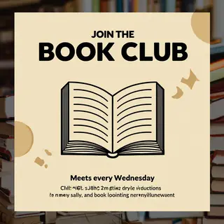 A book club poster with an open book illustration, the title