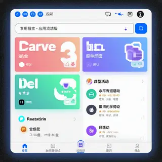 A mobile app UI mockup showing a dashboard with a top naviga