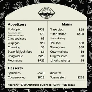 A restaurant menu layout with a logo header, three category 
