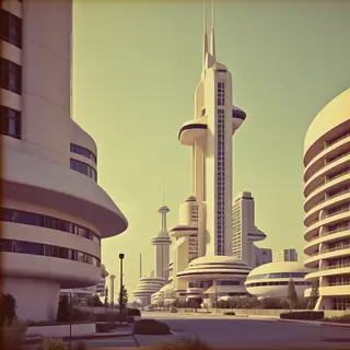 A cityscape rendered in nostalgic futurism — retro-futuristi