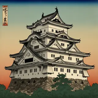 A medieval castle depicted in Japanese ukiyo-e woodblock pri