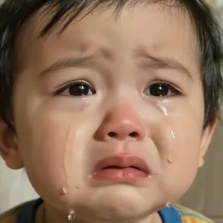 A 5-year-old child with round cheeks and large eyes, crying 