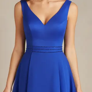 A woman wearing a royal blue evening dress against a neutral