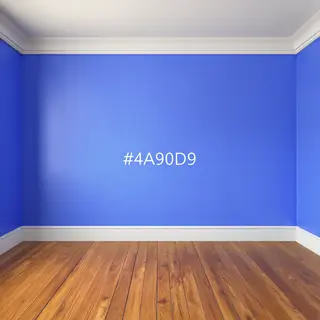 A room with walls in #4A90D9 (medium blue) with warm wooden 