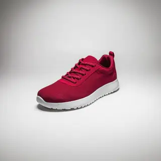 A single red sneaker on a clean white background with soft s