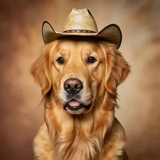 A golden retriever wearing a tiny cowboy hat
